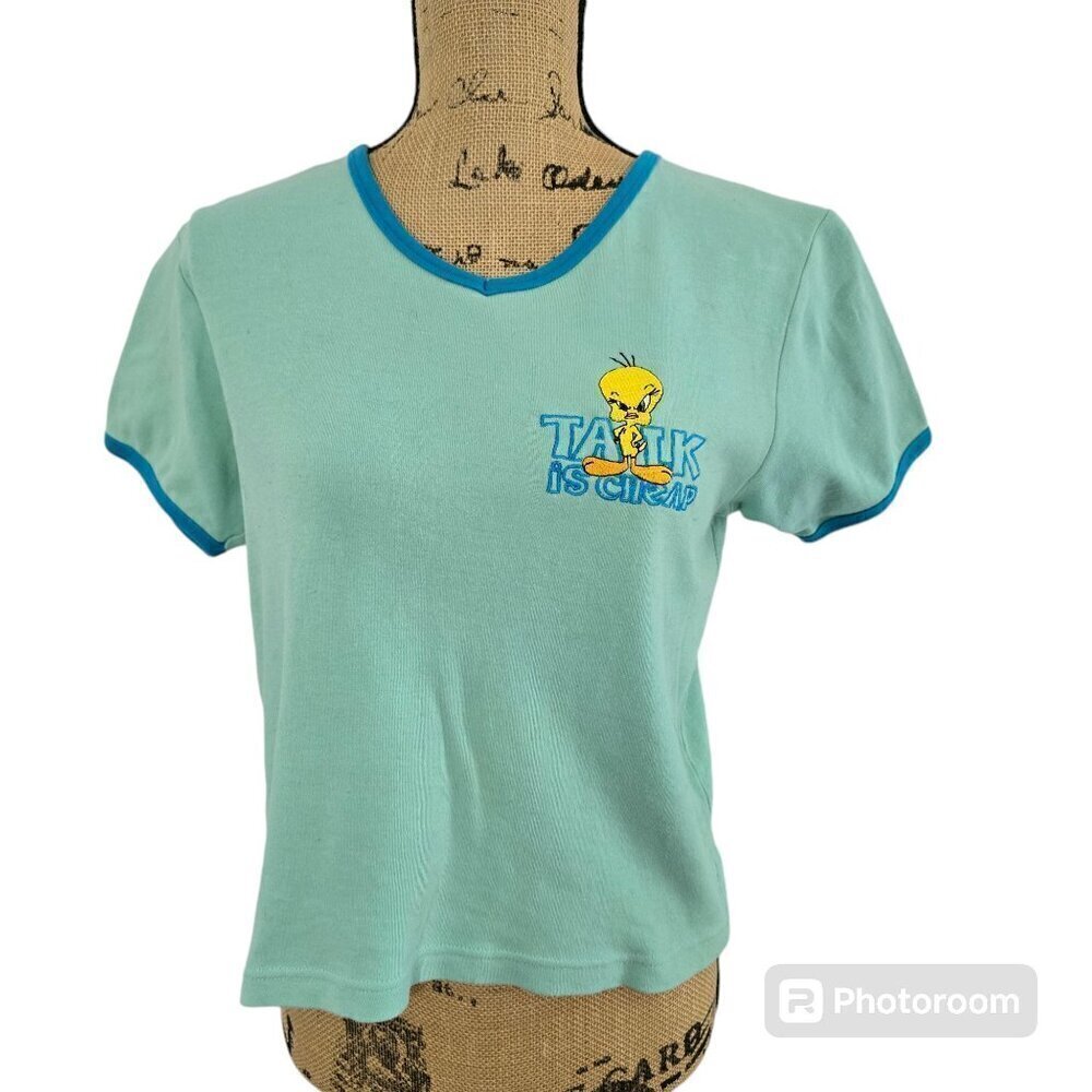 Vintage 90s Y2K Looney Tunes Tweety Bird Talk Is Cheap Ringer Tee
